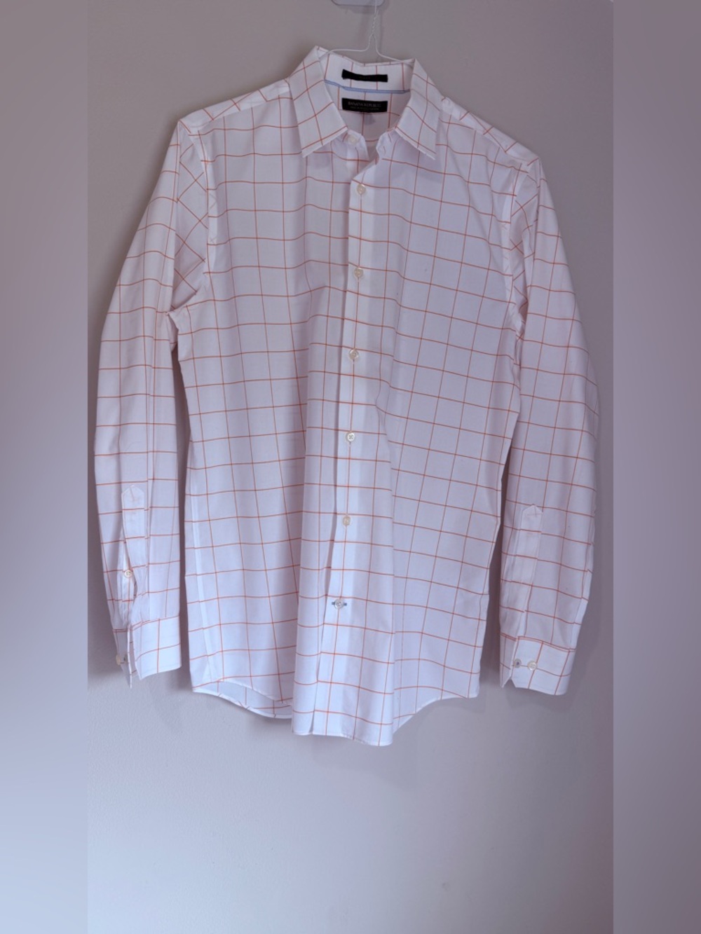 Banana Republic Men’s Slim Fit Non Iron White  Shirt with Orange Windowpane Grid